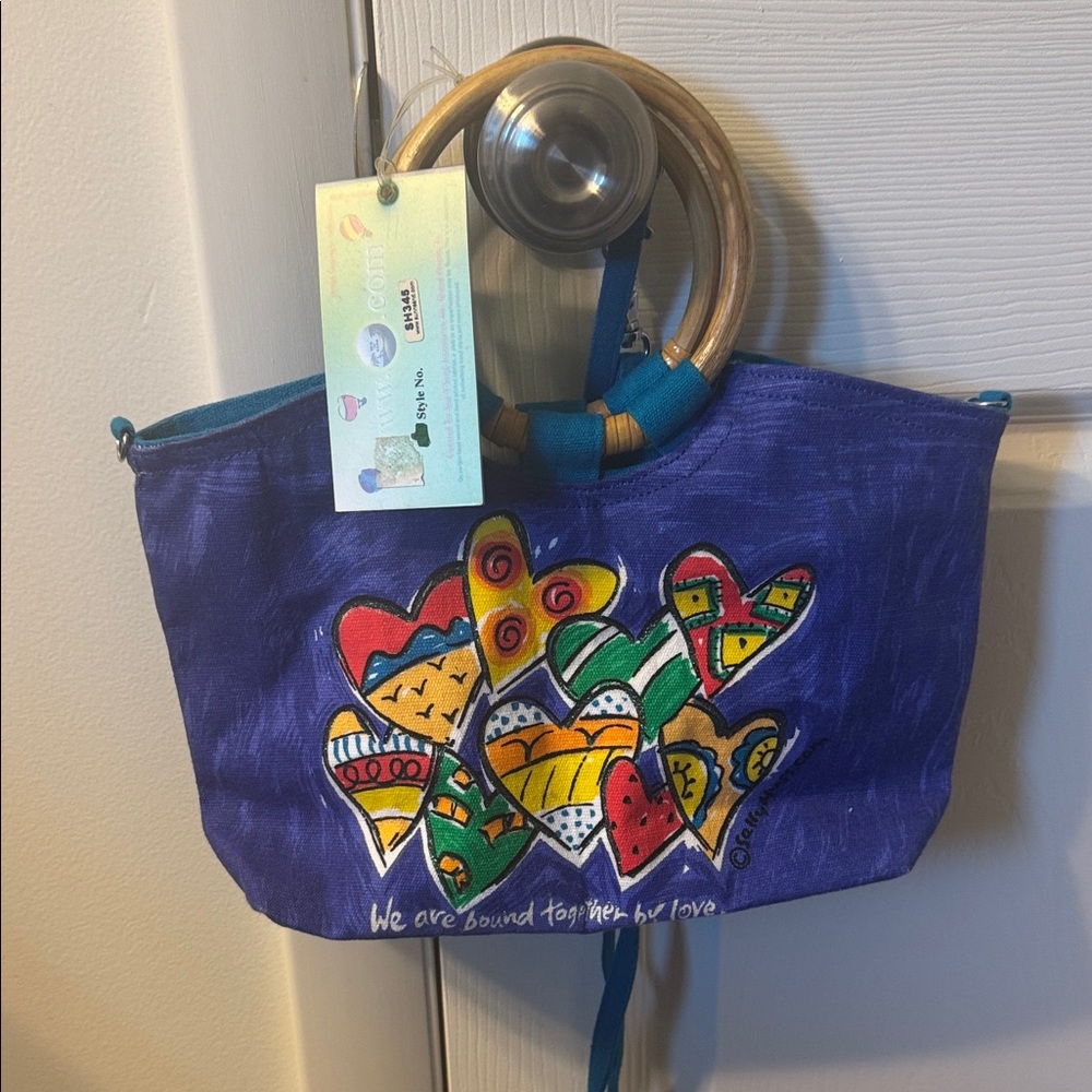 Artisan Blue Canvas Tote with Colorful Heart Motif and Bamboo Handles